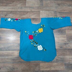 Handmade Aqua Blue 3/4 Sleeve Blouse from Oaxaca, Mexico – Embroidered Flowers